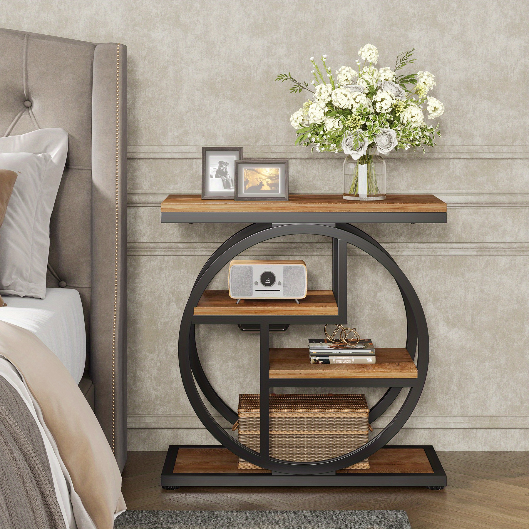 Living Room End Table, 4-tier Narrow Side Table With Storage Shelves, Industrial Bedside Table For Bedroom, Wooden Small Sofa Side Table With Geometric Metal Frame (1pc, )