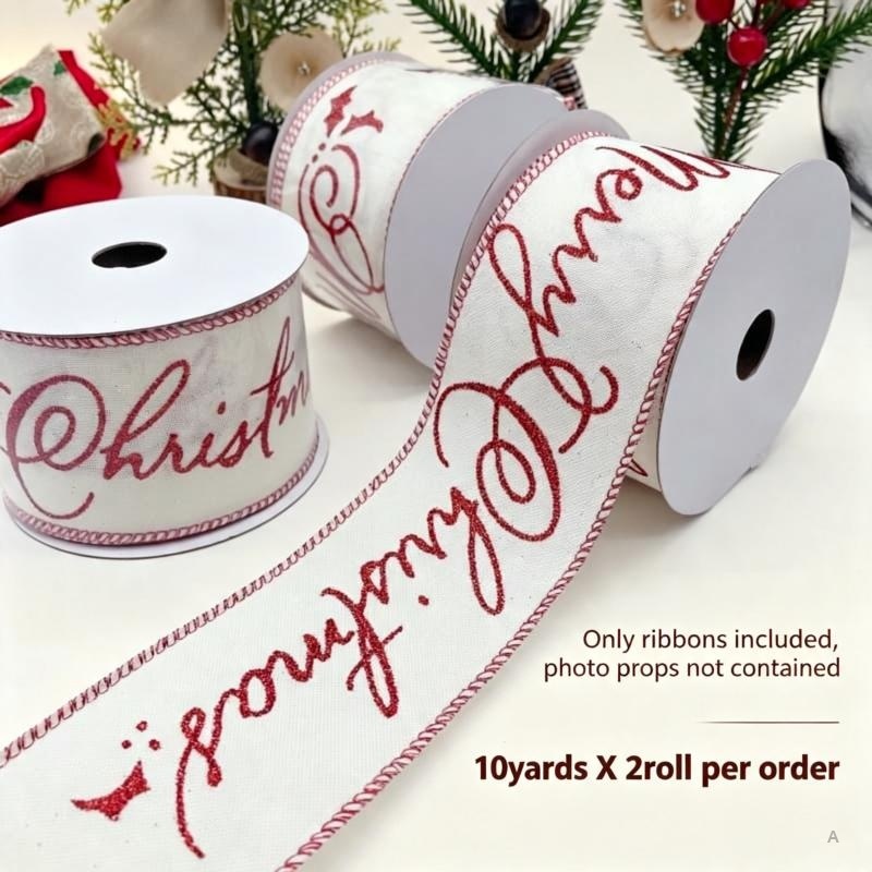 TEMU 2pcs, 2.5 Inches, Per Pc, 63mm Wired Edge Ribbon, Christmas Red Merry Christmas Print For Bow Ribbon, For Bow Making, Handmade Crafts, Gift