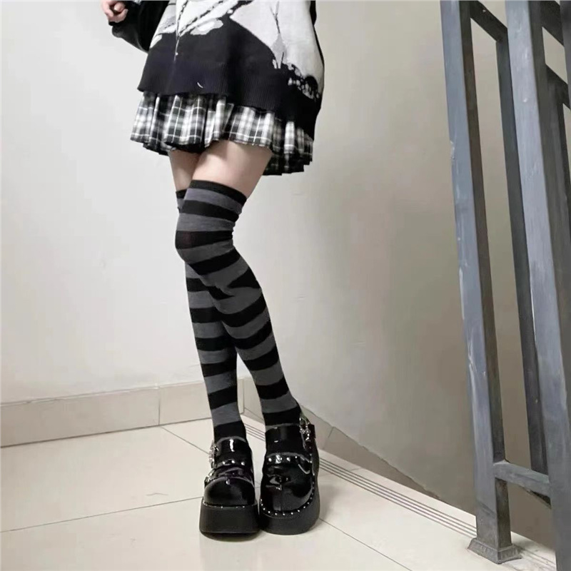 TEMU Y2k Dark Color Over Knee Striped Socks | Hot Abigoth Style Design Sense Punk Trendy