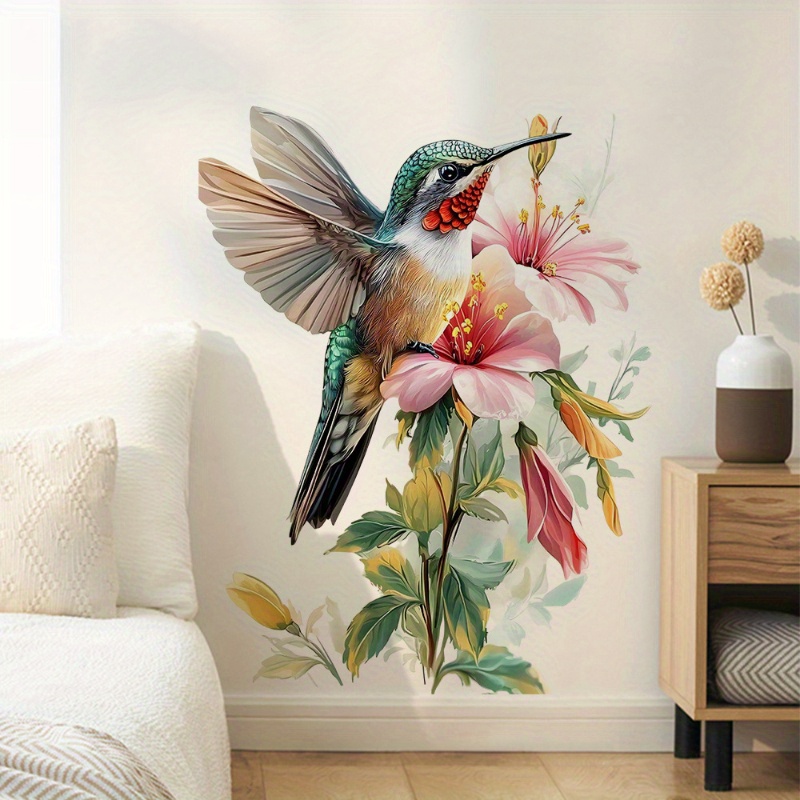 Image of 1pc Modern Hummingbird Floral Wall Decal - Vibrant Self-adhesive Plastic Sticker For Home Decor, Easy To Apply & Remove Nature-, Bird-themed Room Art