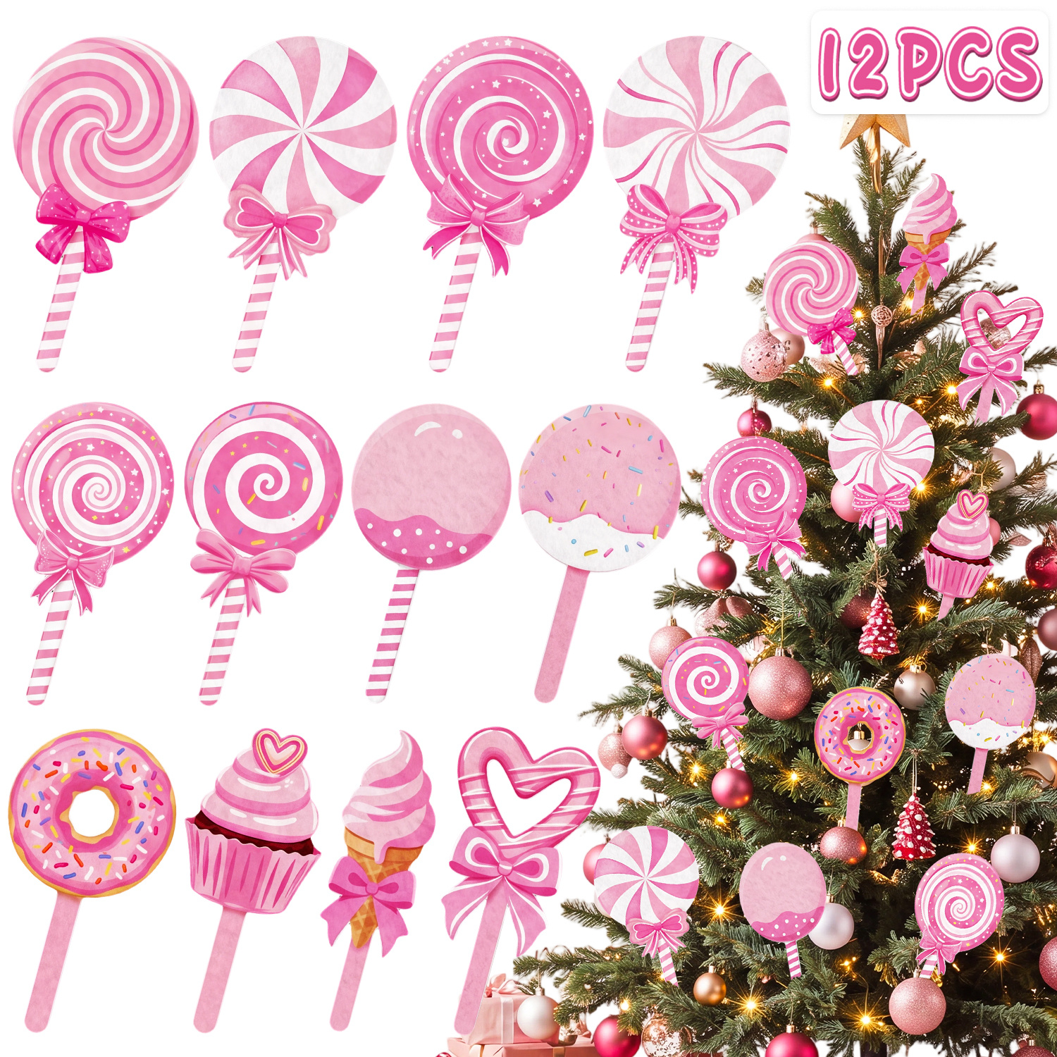 TEMU 12pcs Pink Felt Candy Tree Picks- Christmas Lollipop Donut Ice Cream Decorations For Holiday Party & Home Decor- Multi-item Party Gift Package