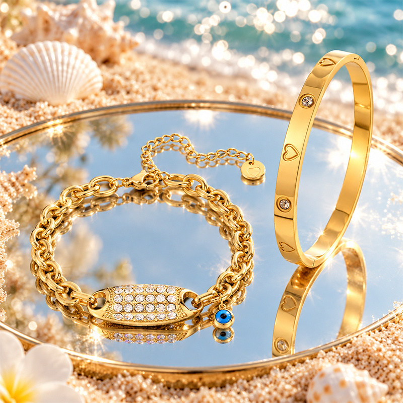 Heart Embossed Gloss Open Bangle & Evil Eye Charm Bracelet Set