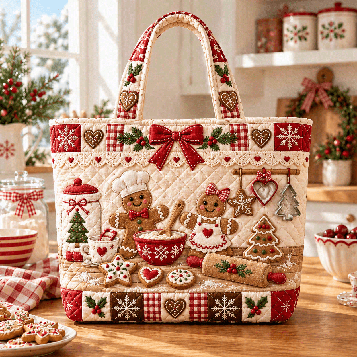 TEMU Women's Christmas Tree Snowman Gingerbread Print Quilted Tote Bag, Lightweight Large Capacity Shoulder Handbag, Spacious Reusable Carryall For
