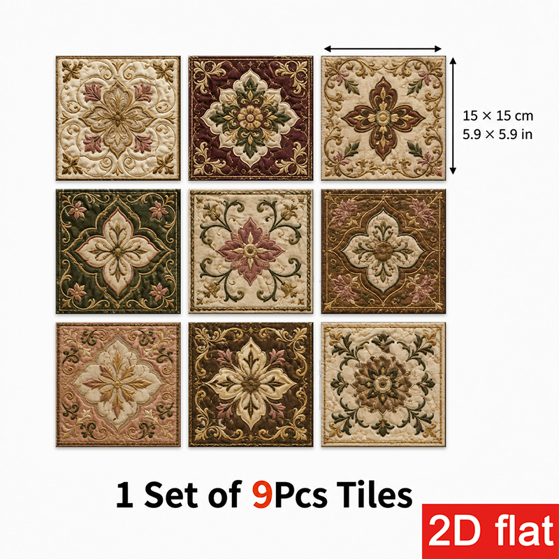 TEMU 2d Flat 9pcs 15x15cm (5.9x5.9in) Slate Tile Stickers Premium: Peel And Stick Wall Tiles With Vintage Floral Pattern In Earthy Tones, Ideal For