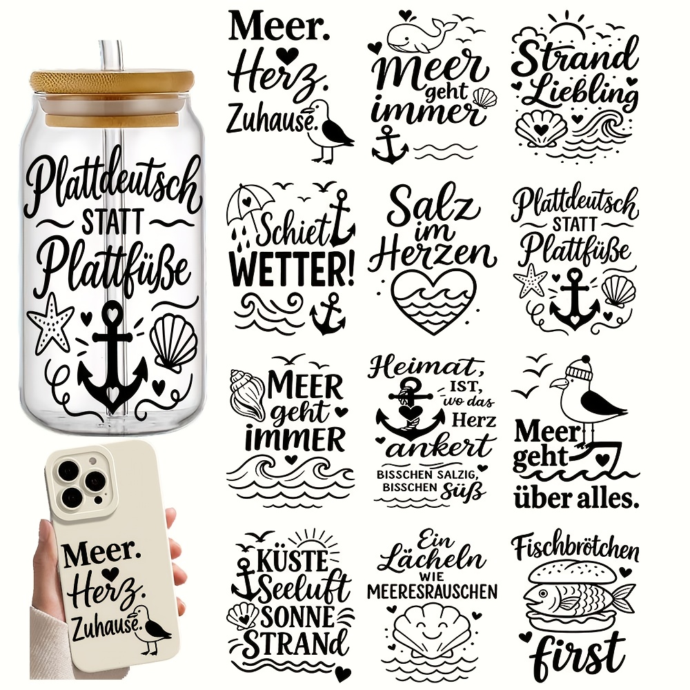 12 Sheets German Nautical Theme Lighthouse And Seagull Uv Dtf Cup Transfer Stickers- Motivational Moin Quotes, Whale, Fish Patterns, Irregular Shapes
