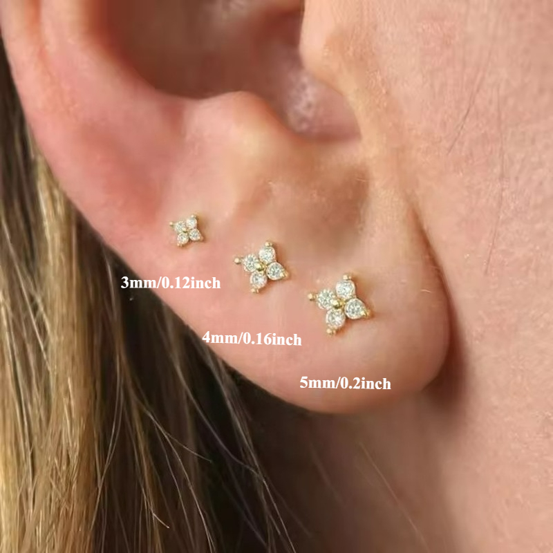 TEMU 3pcs Stainless Steel Zirconia Stud Earrings, 3/4/5mm 3pcs Set Studs, 4pcs Synthetic Zirconia Small Flower Shape, Mini Exquisite Clover Ear Bone