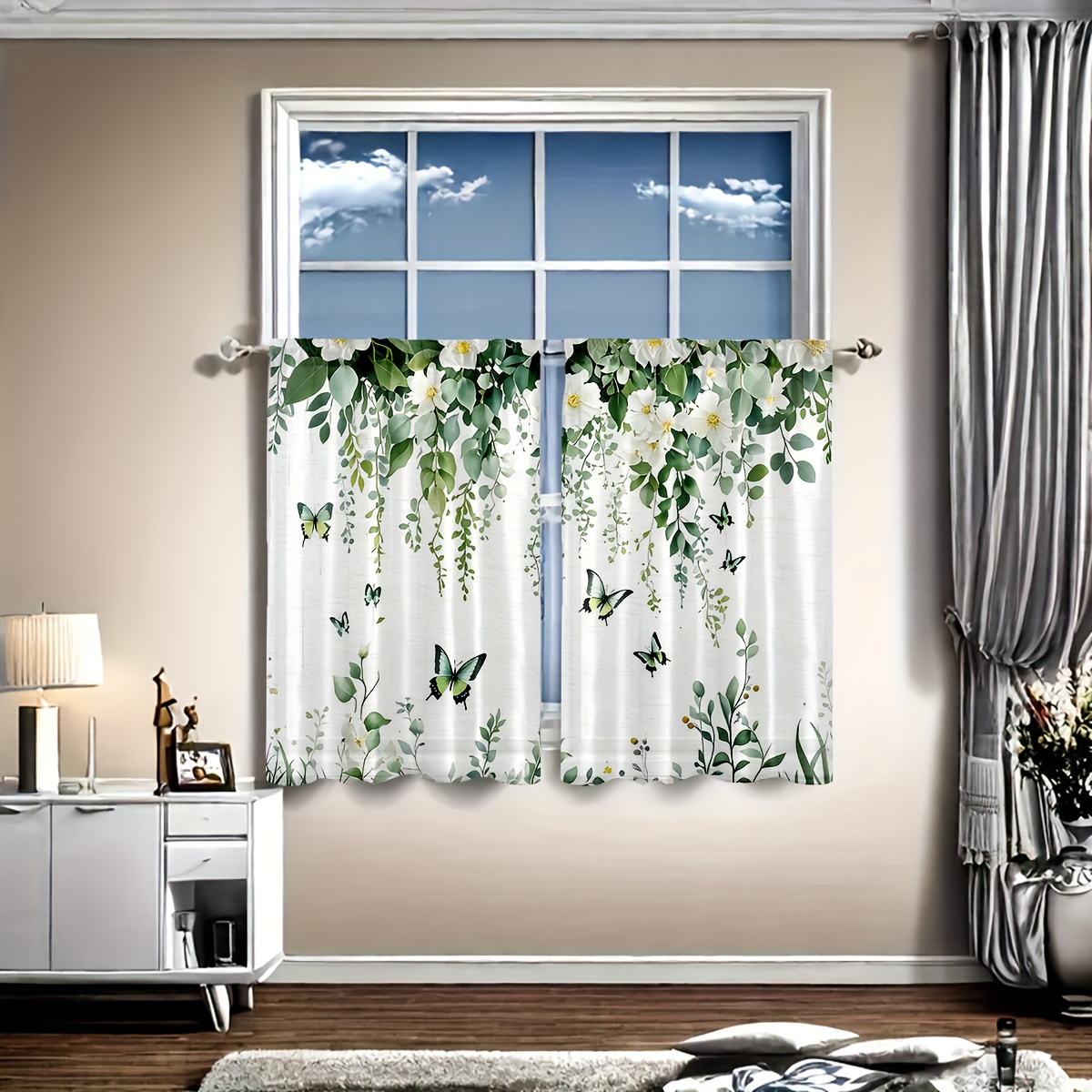 TEMU 2d Flat - 2d Flat - 2d Flat Printing 1pc/2pcs Kitchen Curtains, Featuring A Vintage Design With Green Leaves, White Flowers, And Patterns.