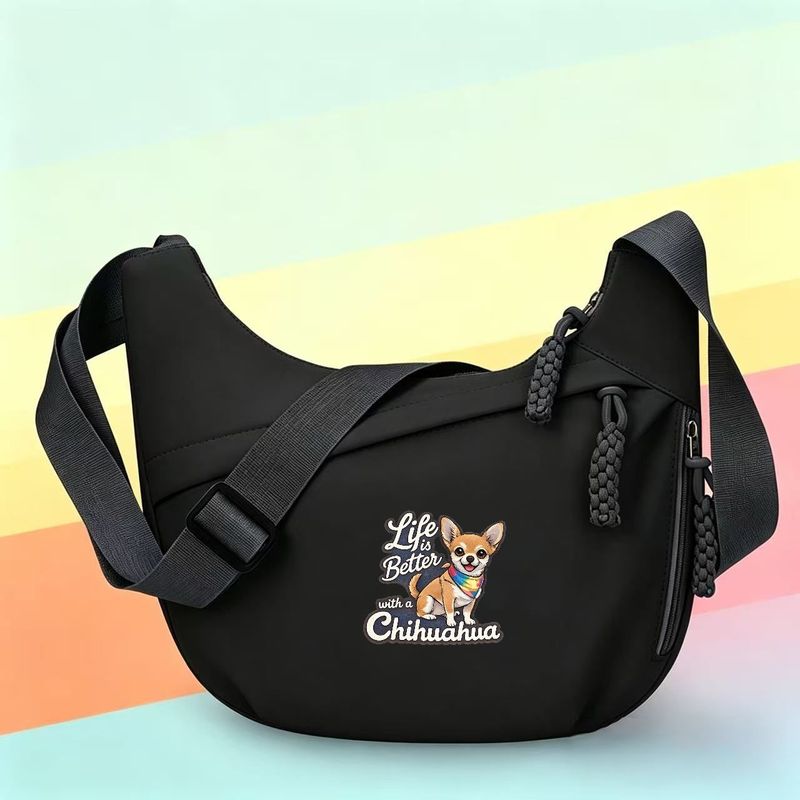 TEMU Women' Chihuahua-themed Crossbody Bag With Adjustable Strap & Braided Zipper Pulls - Soft Nylon/ Sling Purse Suitable For Dog Lovers, Chihuahua