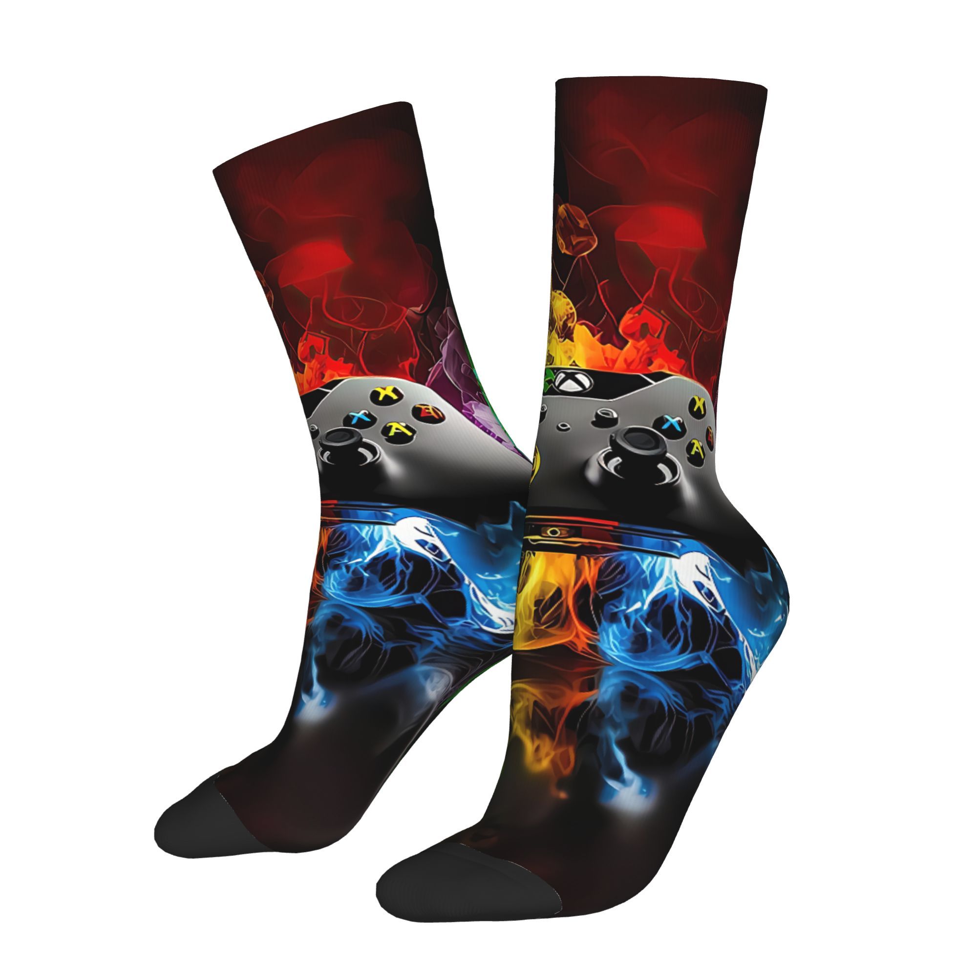 

1 Pair Men's Gamepad Pattern Socks - Polyester Knit Fabric With Elastane, All-, Hand Washable - Novelty Gamer Stockings For Spring, Summer, Autumn, Winter