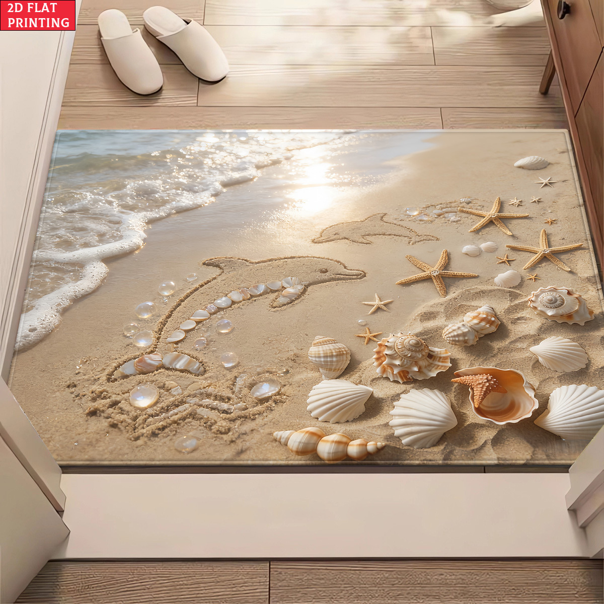 TEMU 2d Flat, 2d Flat, Flannel Material 2d Flat Beach Shell Texture Art Pattern Bathroom Mat, Kitchen Mat, Non-slip Yoga Mat, Absorbent Machine