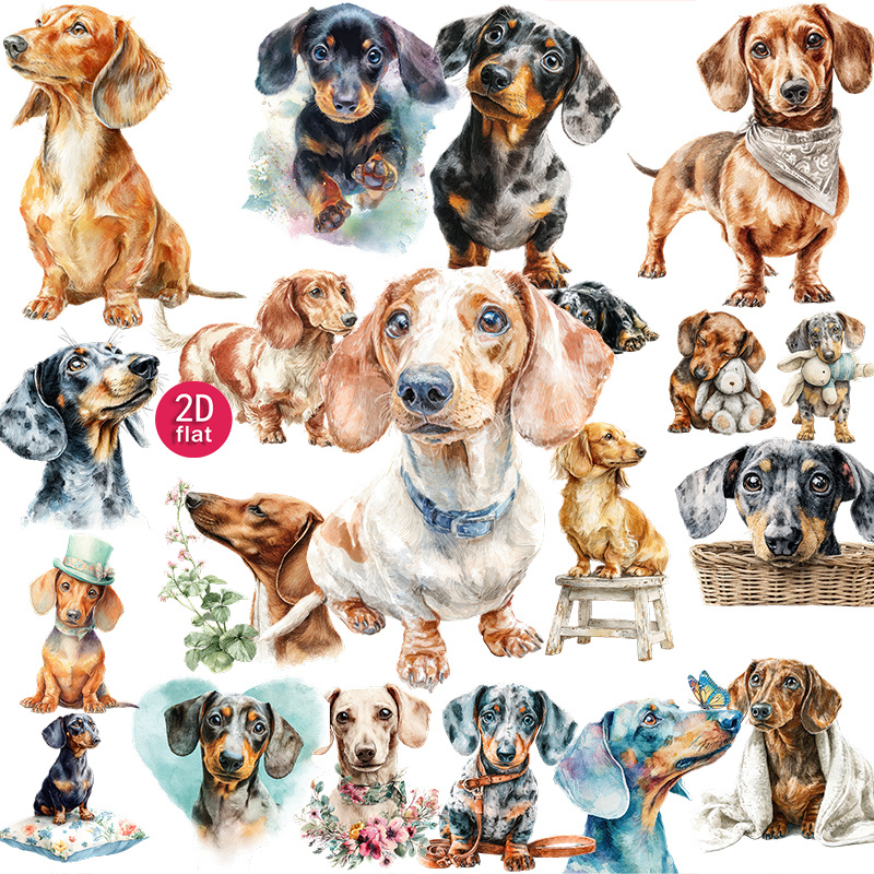TEMU 2d Flat 20pcs Watercolor Dachshund Dog Stickers, Cute Puppy Cartoon Decals For Journal, , Notebook, , Diaries, Photo Albums, Cutting Decoration