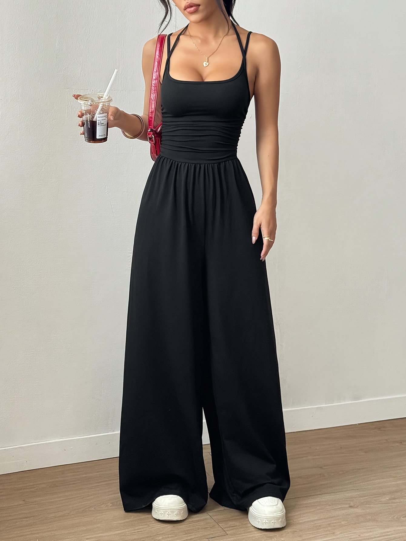 Womens Elegant Shoulder Pleated Jumpsuit Solid Loose Fit