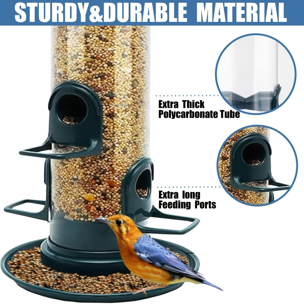 an outdoor hanging bird feeder with a tubular design featuring 4 feeding ports made of high quality hard plastic suitable for camping and backyard birdwatching no   required