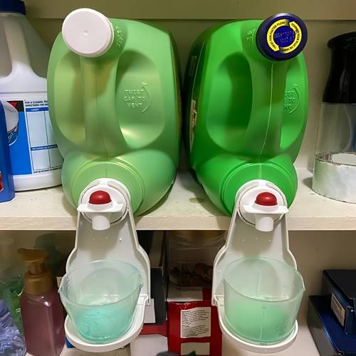 set of two holders for laundry detergent cups designed to dispense liquid detergent without or mess ensuring your washing machine and laundry area stay tidy and organized compatible with most bottle sizes