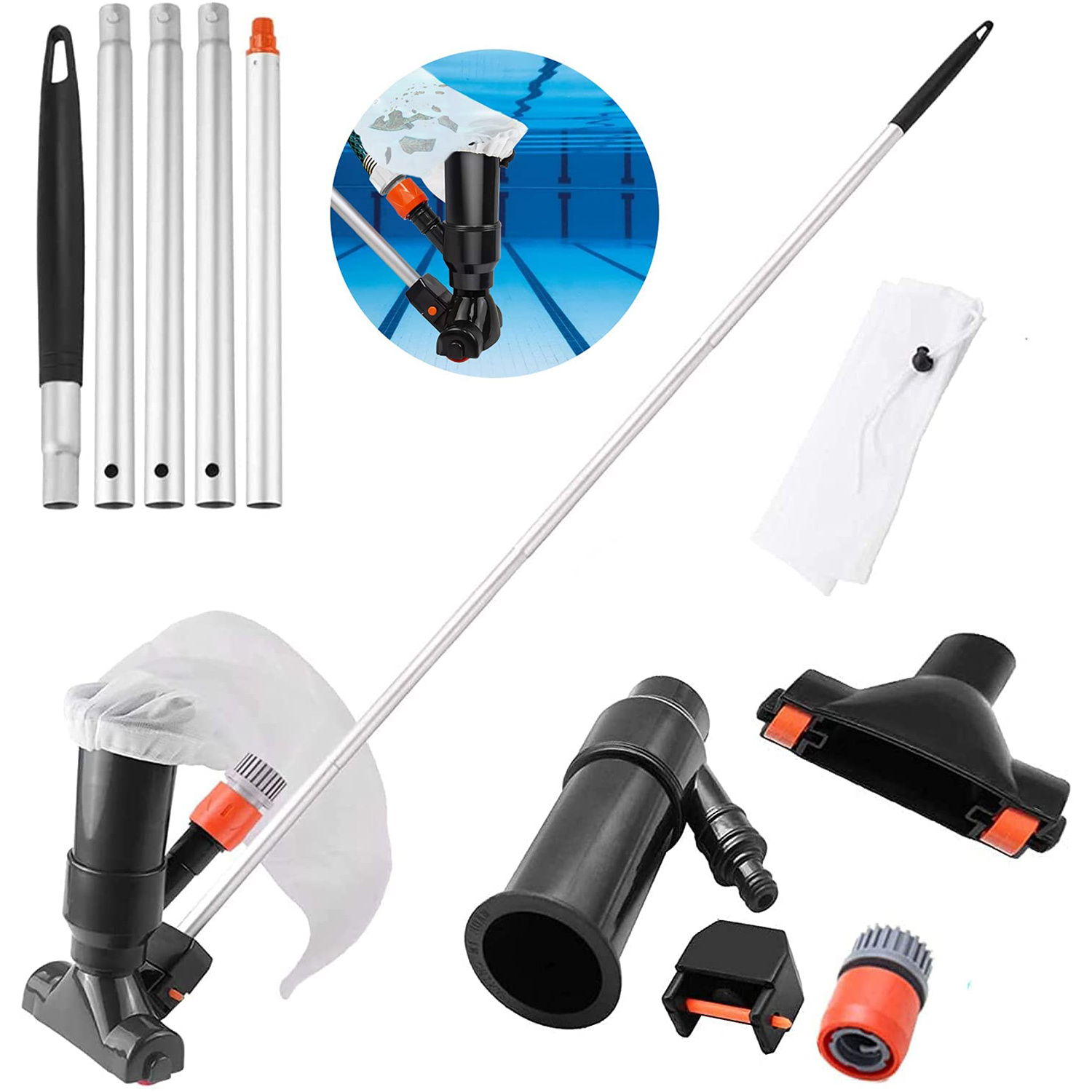 TEMU 1pc Complete Pool Vacuum Cleaner Kit With 5-section Pole, Fine Mesh Bag, Strong Suction, And Brush Attachment For Swimming Pools, Spas, And Hot