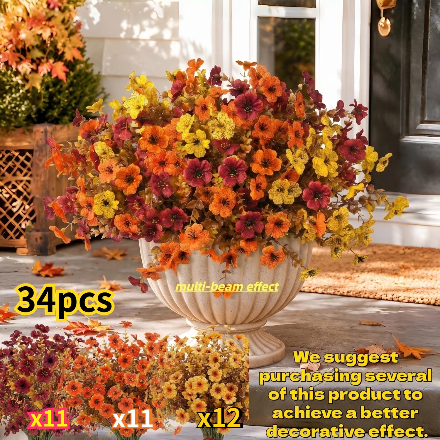 TEMU 102 Flowers = 34 Bunches - Artificial Flowers For Outdoor Decoration, Halloween Harvest Thanksgiving Autumn Winter Outdoor Faux Plant Decor,