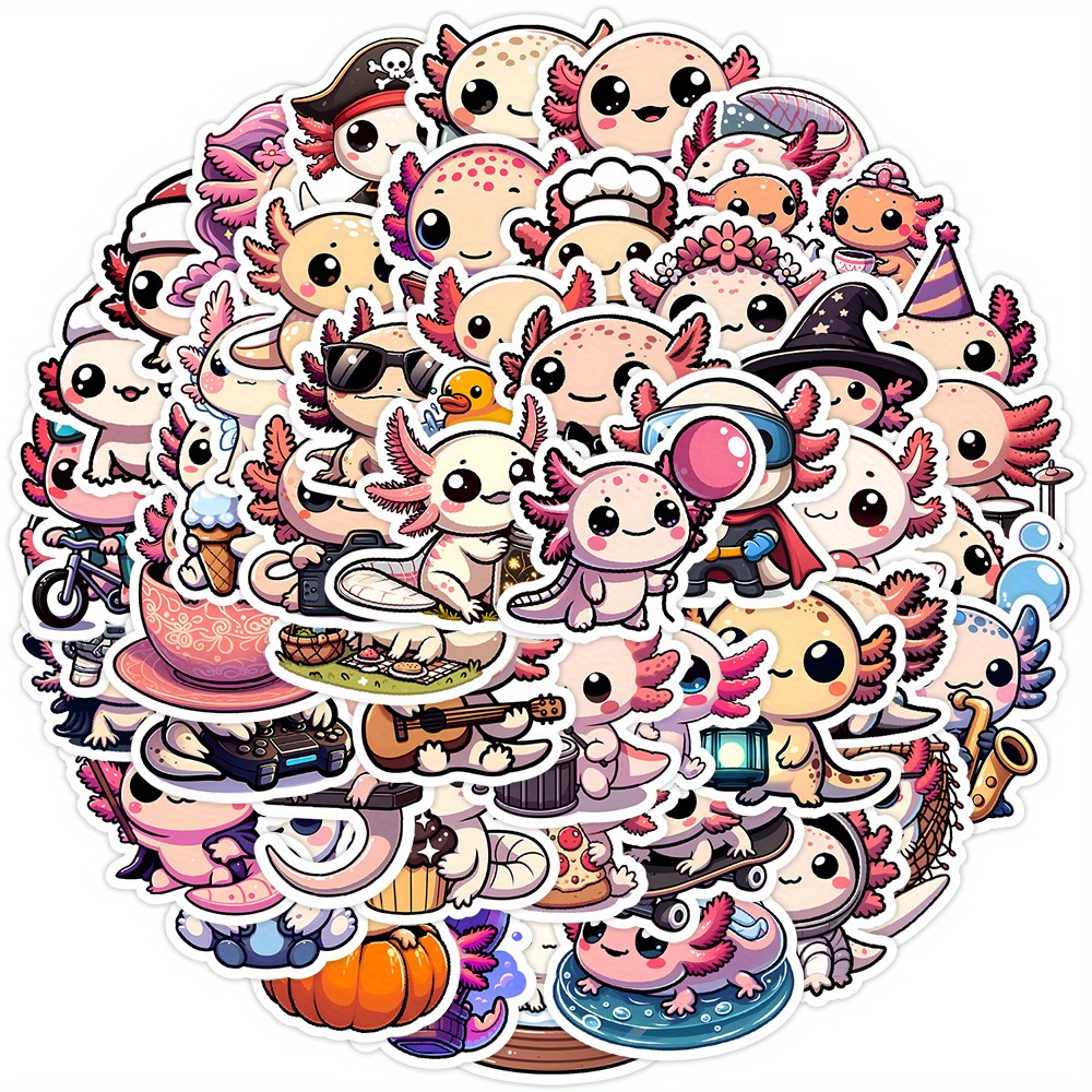Image of 50pcs Axolotl Pet Cartoon Stickers | Aesthetic Stickers Water Bottle, Luggage Decals - Holiday Decorations, Self-adhesive, Paper Material, Mixed Color