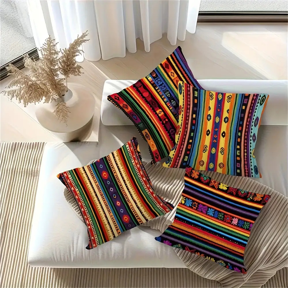 TEMU Lot de 4 taies d'oreiller décoratives plates 2D pour canapé, style bohème mexicain, fermeture éclair dissimulée, fibre de facile à nettoyer.