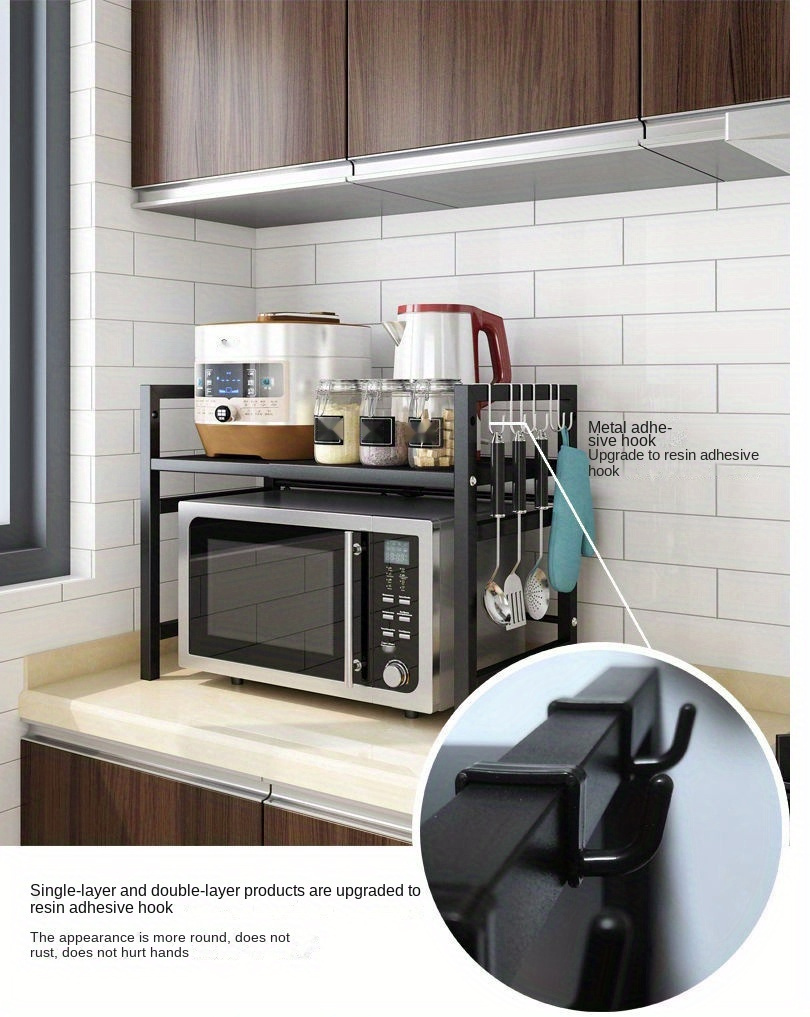 Microwave Oven Rack, Expandable Microwave Oven Rack for Countertop Kitchen Utensil and Tableware Storage, with 6 Hooks, Carbon Steel Microwave Oven Shelf Countertop with Hooks - Mother's Day Gift for Wife - Kitchen Storage 15 Microwave Oven Rack, Expandable Microwave Oven Rack for Countertop Kitchen Utensil and Tableware Storage, with 6 Hooks, Carbon Steel Microwave Oven Shelf Countertop with Hooks - Mother's Day Gift for Wife - Kitchen Storage