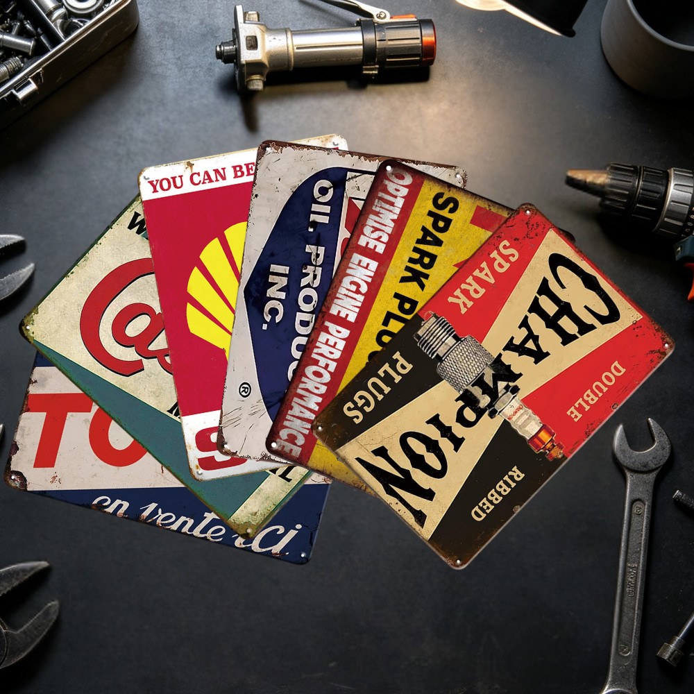 TEMU 2d Flat, 2d Flat 6pcs Vintage Metal Sign Set- Retro Garage& For Man Cave Decor, Classic Oil& Gas Station Posters, Perfect For Walls 8x12 Inches,