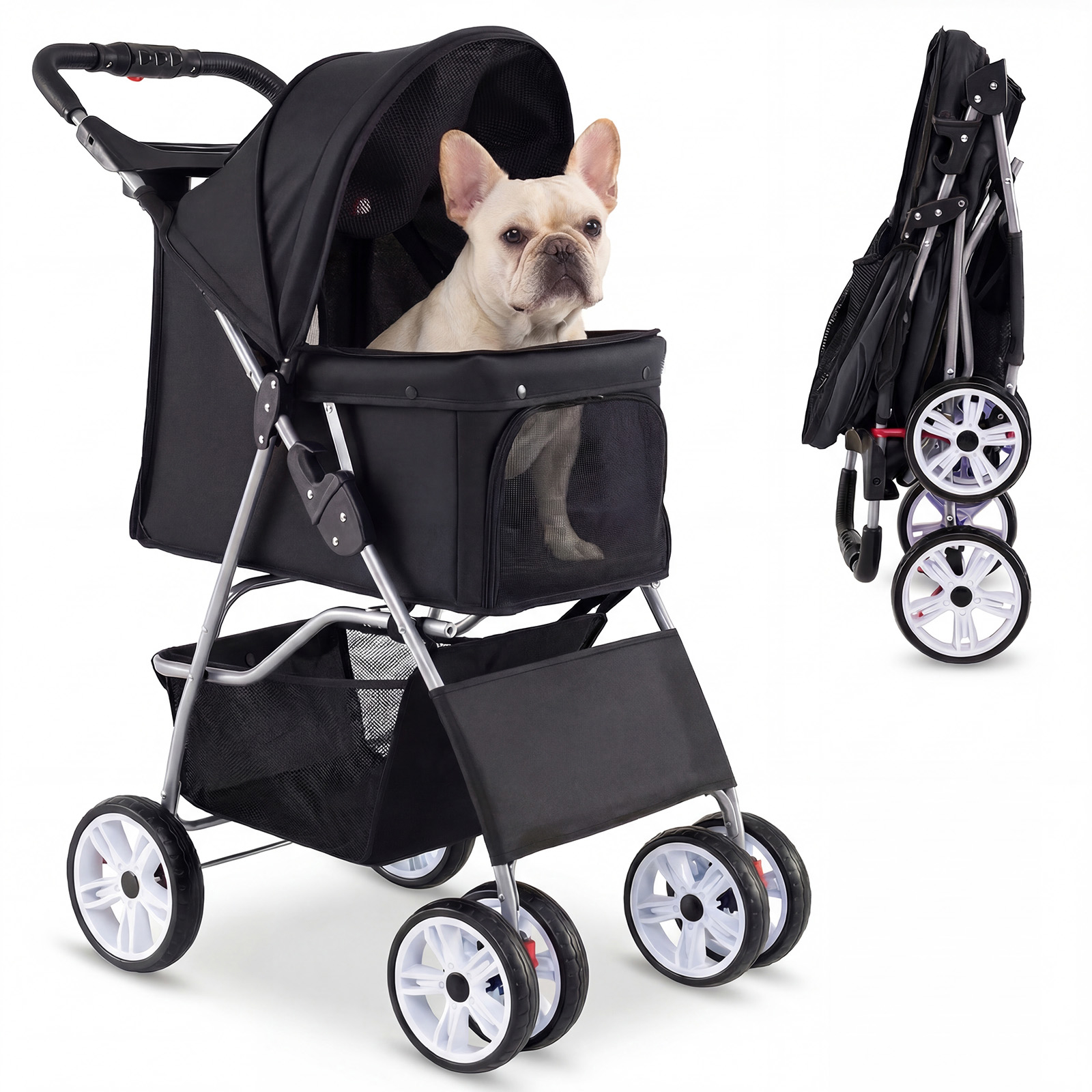 4-wheel Pet Stroller For Small Dogs Cats Up To 15 Kg, Foldable Stroller W/ Breathable Mesh, Cover, Wheels, Lightweight Travel Cat Stroller Jogger, Cup Holder And Storage Basket