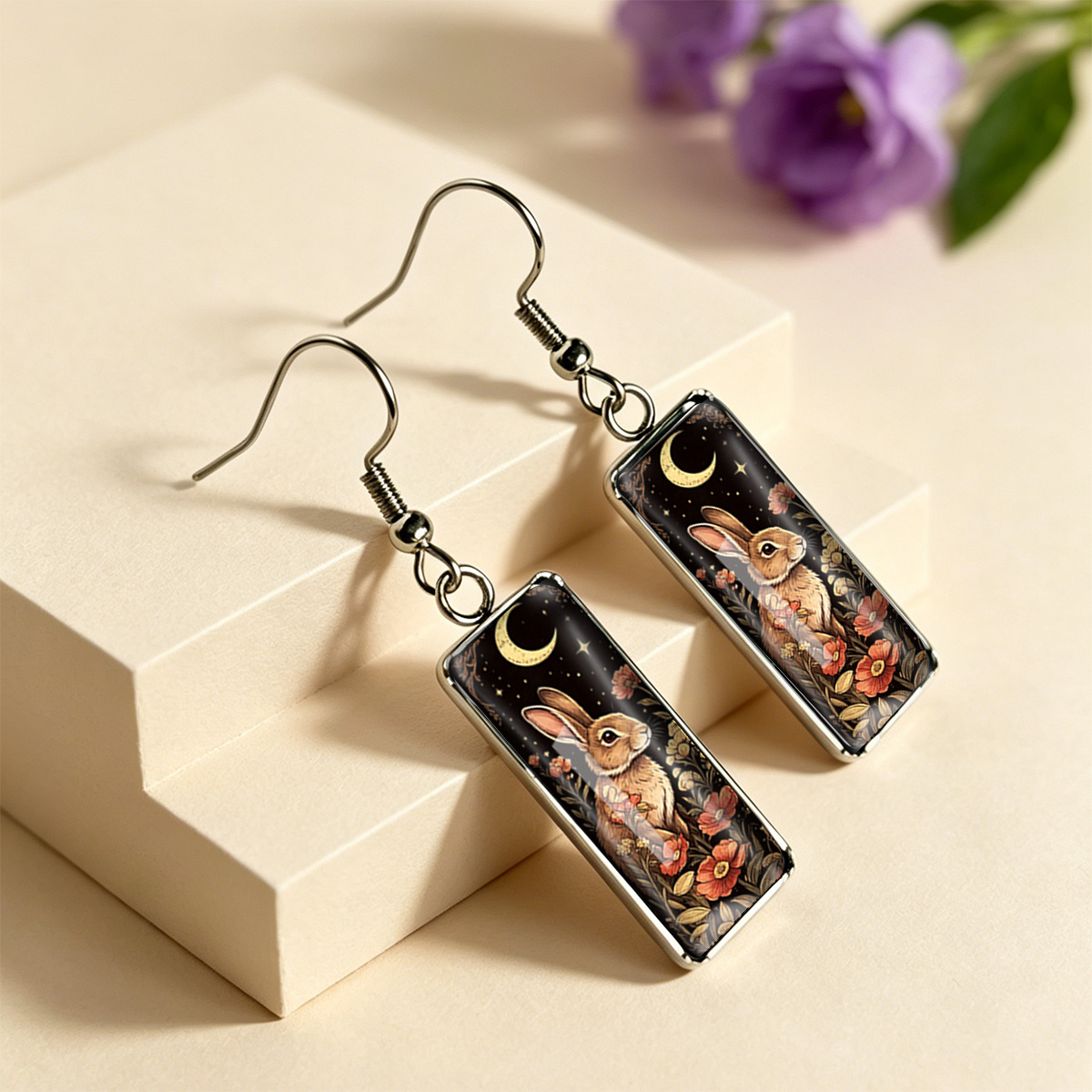 Women's Vintage Hand-Drawn Bunny & Starry Forest Stainless Steel Earrings