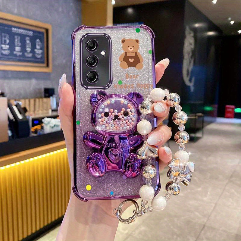 TEMU Phone Case - Cartoon Bear Pearl Wrist Strap Magnetic Glitter Phone Holder Case For Galaxy A56 Galaxya56 Anti-knock Shock Proof Stand Back Cover