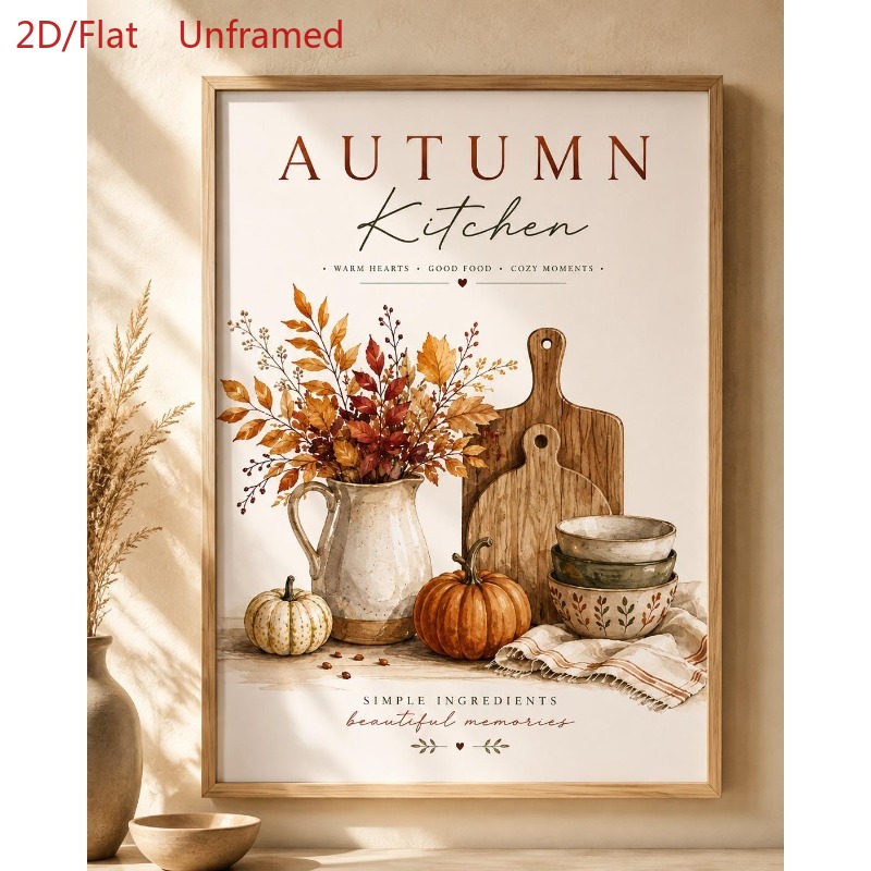 TEMU Affiche imprimée sur toile, motif plat 2D, 1 pièce, automne, cuisine, art mural, citrouille, floral, automne, récolte, cadre, pour la décoration