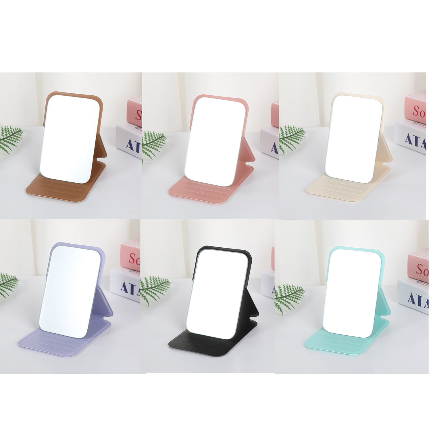 TEMU Ensemble de 6 miroirs tendance, portables et élégants, avec un design pliable et une base en PU. Ces miroirs de Cosmétique en verre lavables
