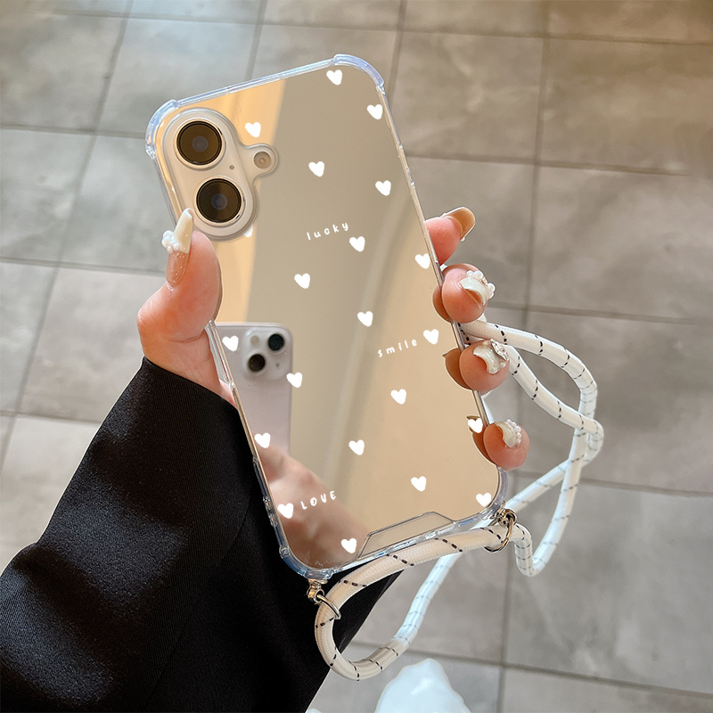TEMU Phone Case - For Iphone 16 Luxury Creative All-inclusive Four-corner Shockproof Design White Heart Pattern Mirror Hanging Cord Phone Case For
