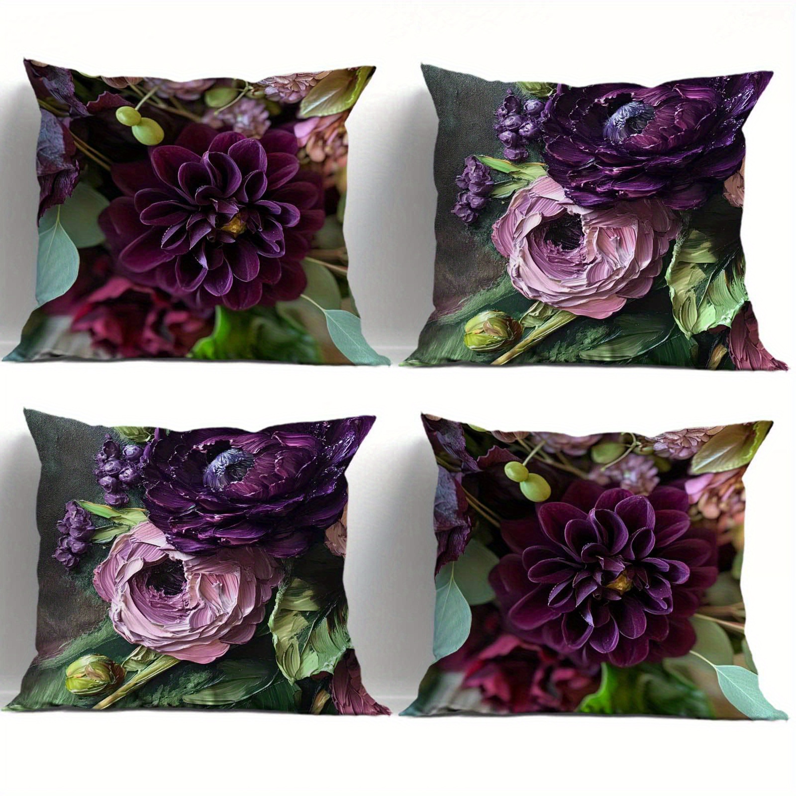 TEMU 4pcs Set, Flat Printed Dark Purple Peony Floral Pillowcases, Exquisite Pattern Decor, Rustic Style, Durable Zipper Closure, For Halloween,