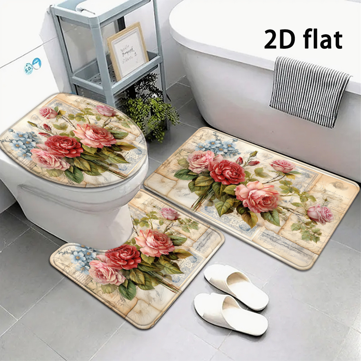 TEMU 2d Flat, 2d Flat, 3pcs [2d Flat] Bathroom Mats In French Country Style, Set Including Toilet Lid Cover And Carpet, Bathroom Decor U-shaped Foot