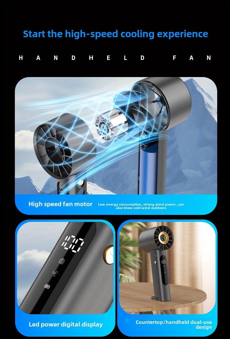 2025 New High-Speed Portable Handheld Fan, 1800mAh Long-Lasting Mini Outdoor Display Rechargeable Desk Fan