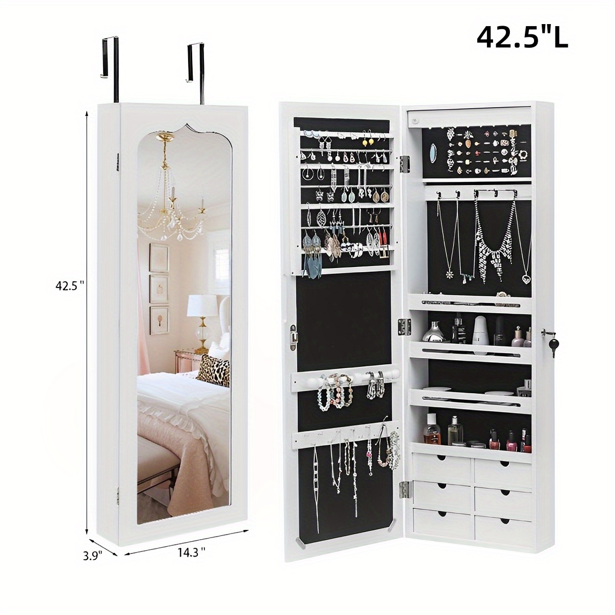Temu – TEMU Jewelry Jewelry Organizer, Lockable Large Storage Jewelry Cabinet, Space-saving Hanging Jewelry Box With Full Length Mirror