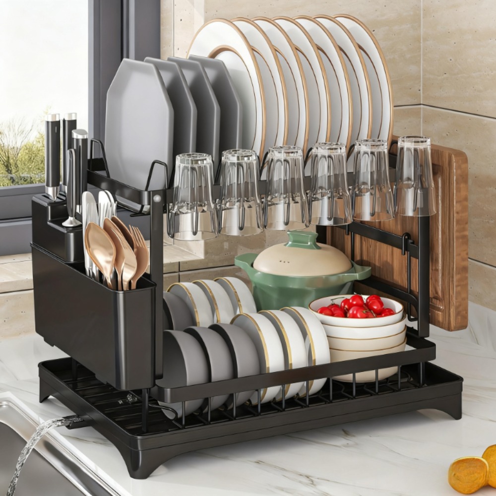 TEMU New Upgraded Double-layer Dark-themed Tableware Draining Rack, Enhanced Practicality. Includes Removable Draining Board, Cup Holder, And Utensil