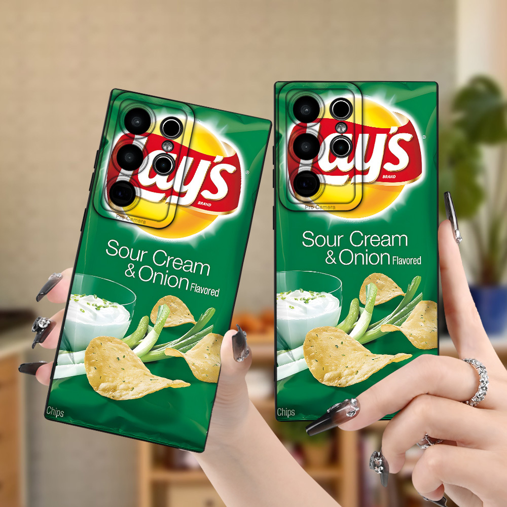 TEMU Sour Cream & Onion Chips Pattern Black Phone Case, Cute Fashion Simple Personality Trendy Comfortable Grip For , For Galaxy