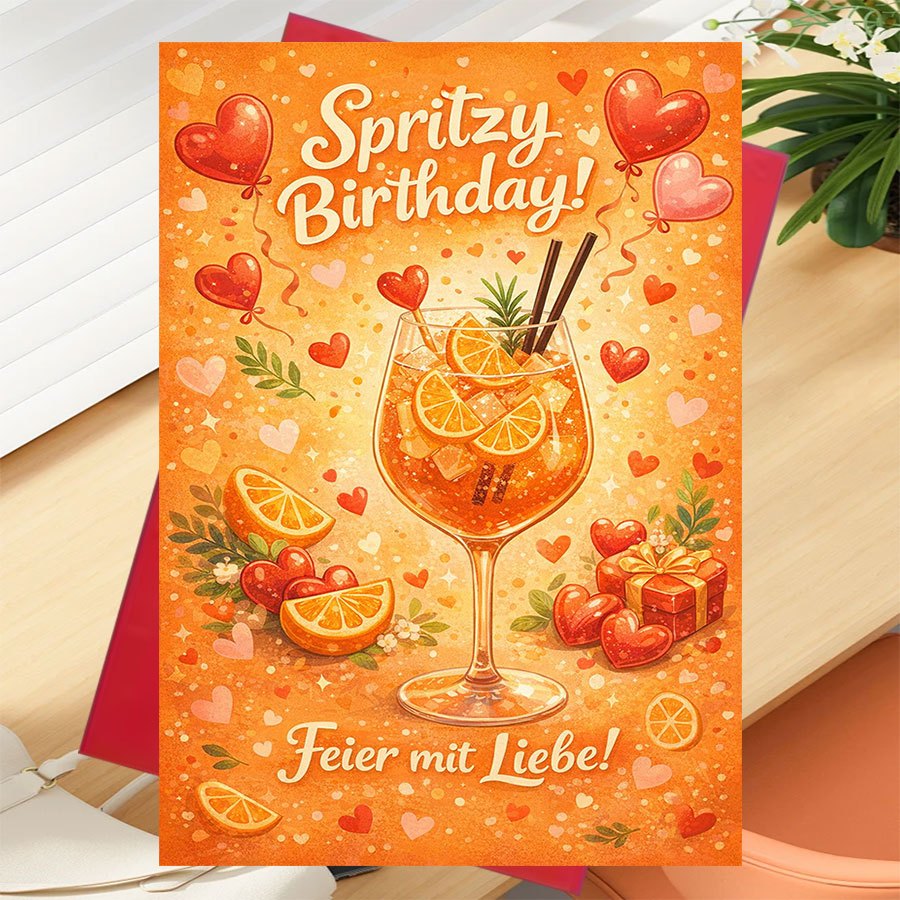 E-shop Eine Geburtstagskarte mit Umschlag, speziell für Freunde, mit fröhlichen, fruchtigen Motiven und Spritzgetränken, geschmückt mit herzlichen