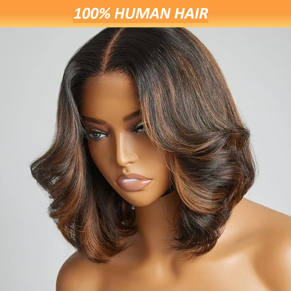 150% Density Human Hair Bob Wig with 1B/30 Ombre Highlights - Body Wave Loose Wavy 4x4 HD Lace Glueless Frontal Pre-Plucked Natural Hairline Short Bob Wigs for Women, Everyday Style Wig | Natural Hairline Wig | Seamless Blend Wig