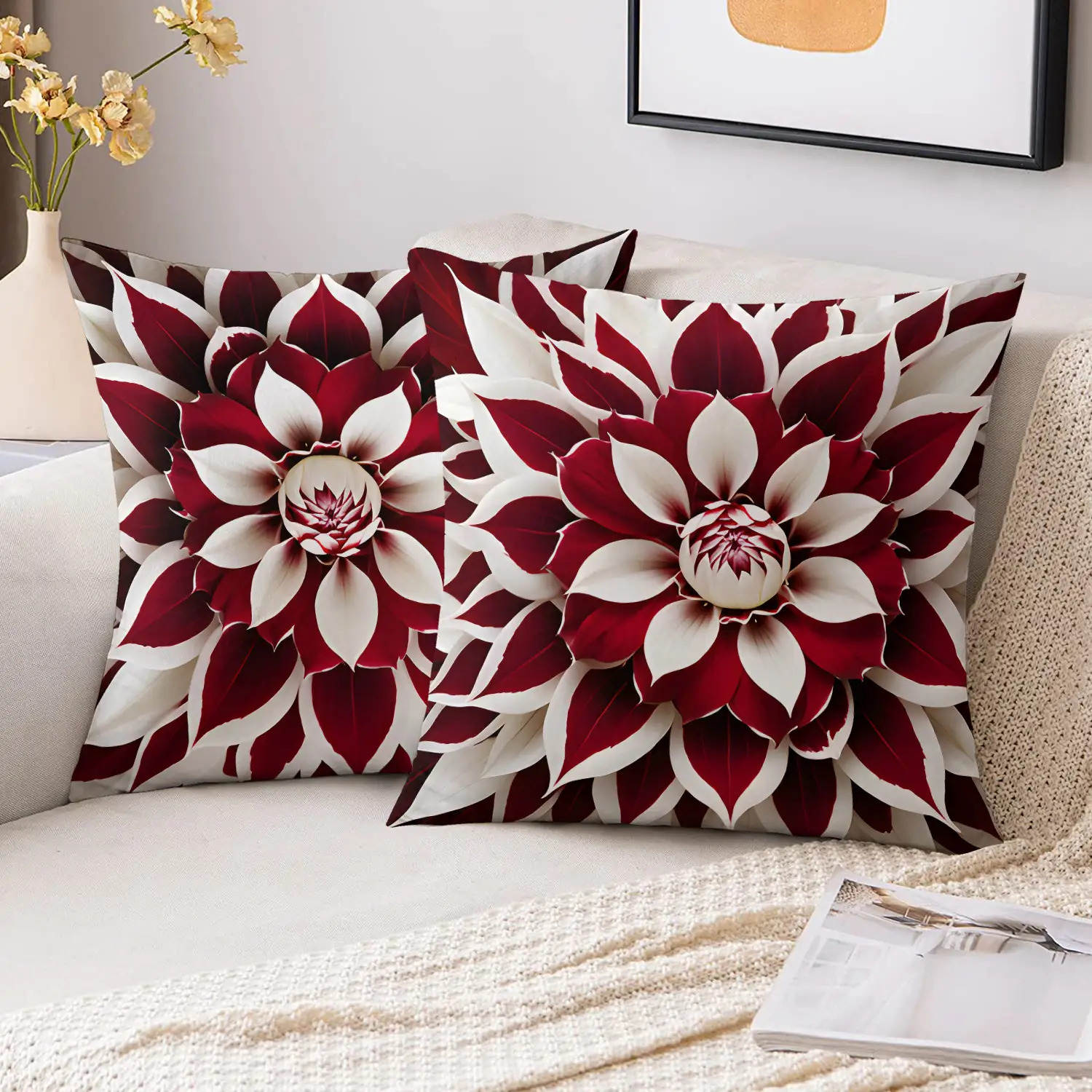 TEMU 2pcs Red And White Floral Pillow Cover, Made Of Soft Polyester Material, 18x18 Inches Double-sided Printing, Modern , Machine Washable Zipper
