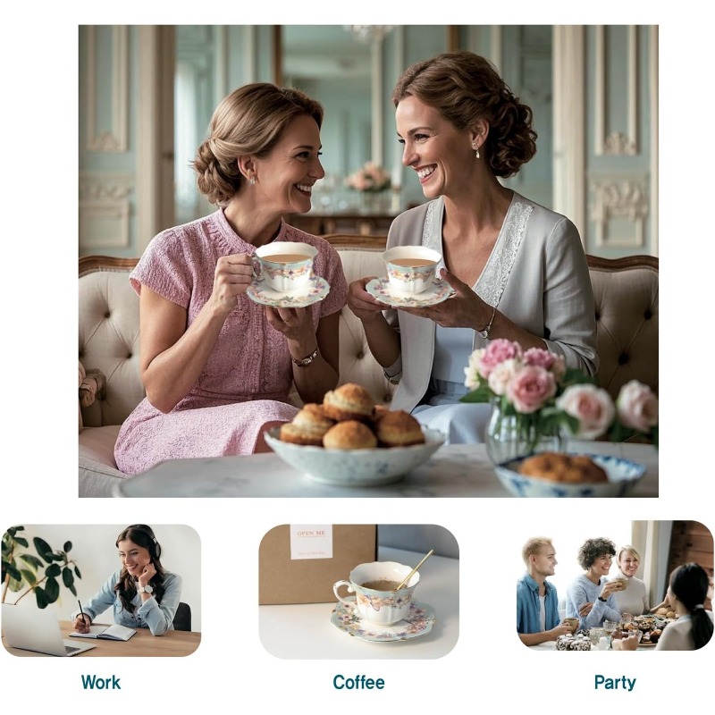 1 set   floral porcelain tea cup and saucer set with spoon   elegant teal   design 6 4oz cup saucer comfortable handle stable saucer for tea coffee espresso durable   for   special occasions  ge   tableware Product details 5
