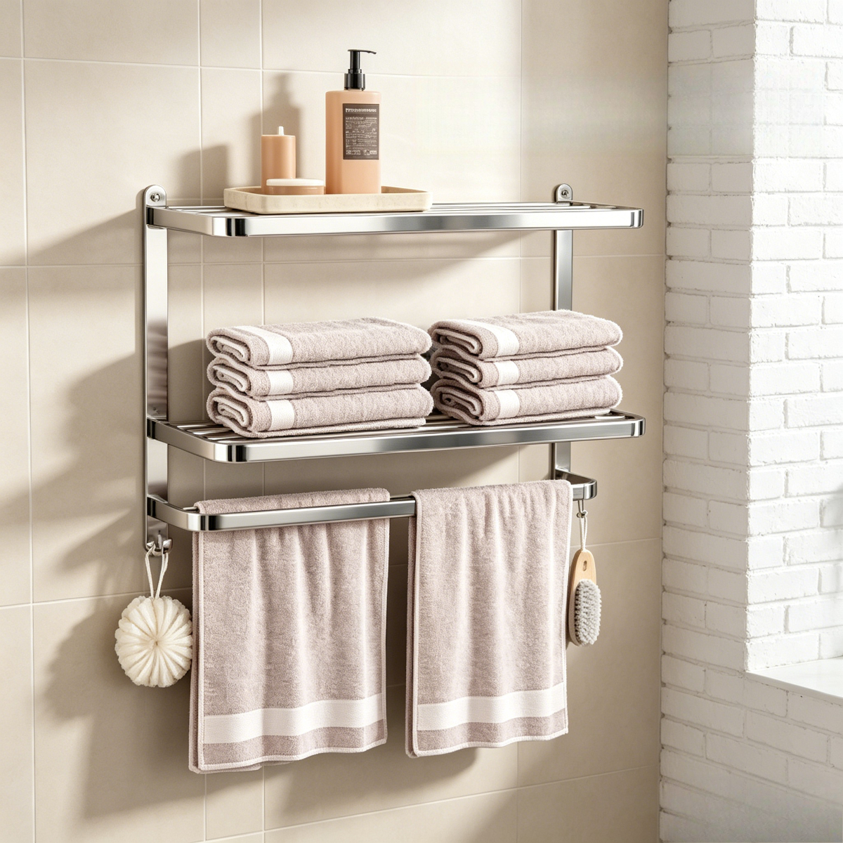 Image of Space 3-tier Wall Mounted Towel Rack, Stainless Steel Bathroom Towel Bar Holder, Storage Organiser For Shower Rooms, Dorms & Hotels