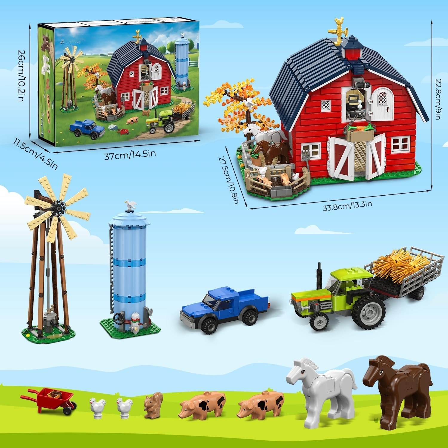 Western Farm Barn House Building Set, Newly With Reinforced Structure, 1434pcs Red Barn Building Toy With Animals Horse Tractor Windmill For Boys Girls