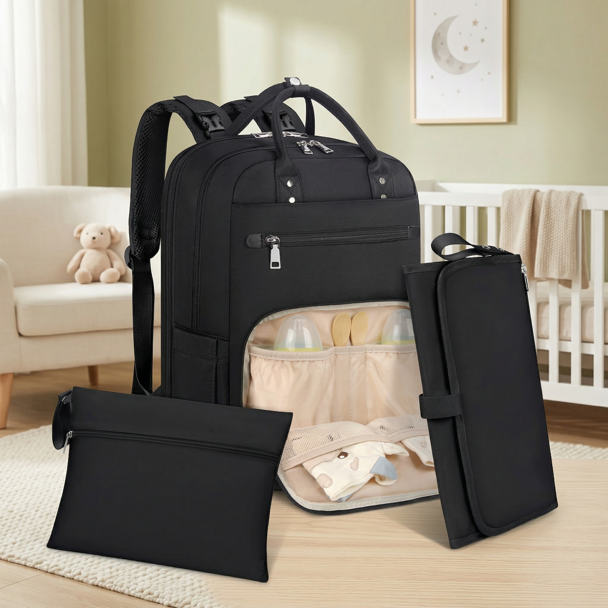 Image of Rainsmore Changing Backpack: Large, Multi-functional Changing Bag With Changing Mat - Ideal For Mums And Dads - Black