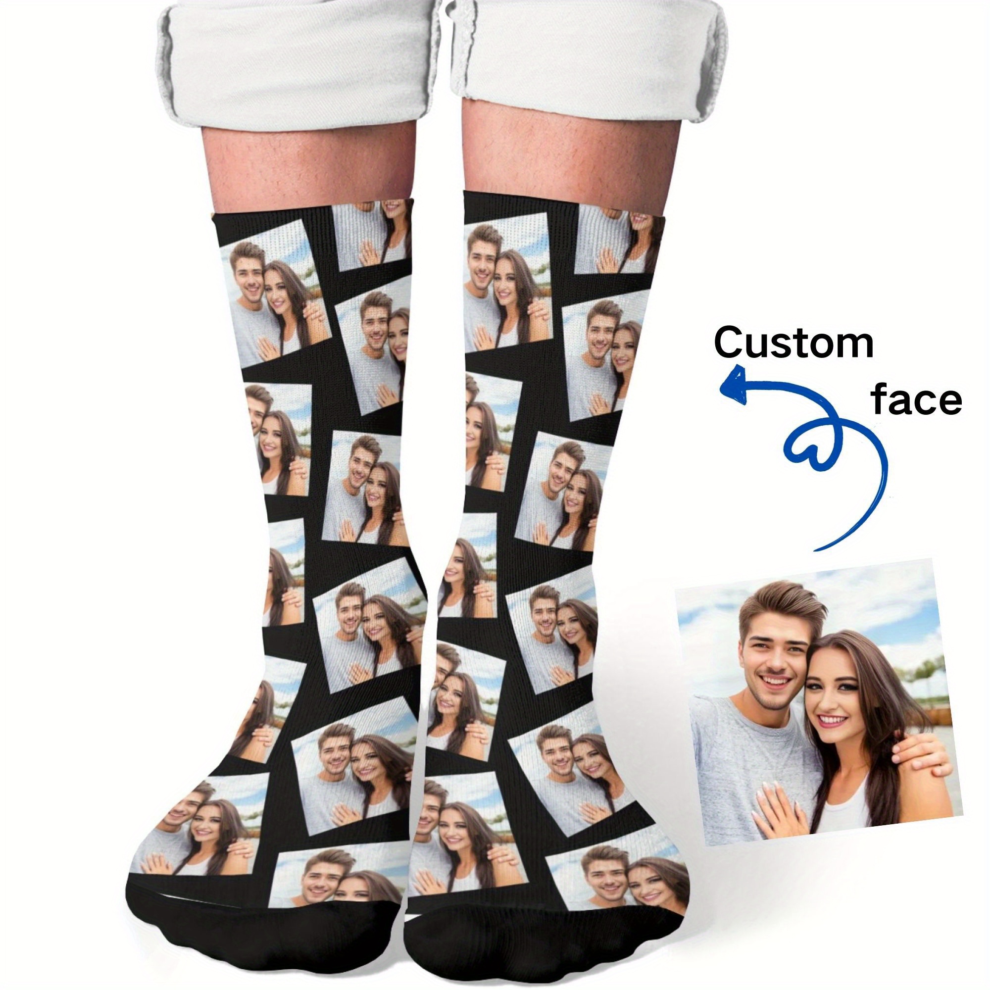 TEMU 1 Pair Custom Photo Portrait Socks, Personalized Gift For Couples, 100% Polyester Knit Fabric, Unique Festive Present, Hand Wash Only, 280gsm -
