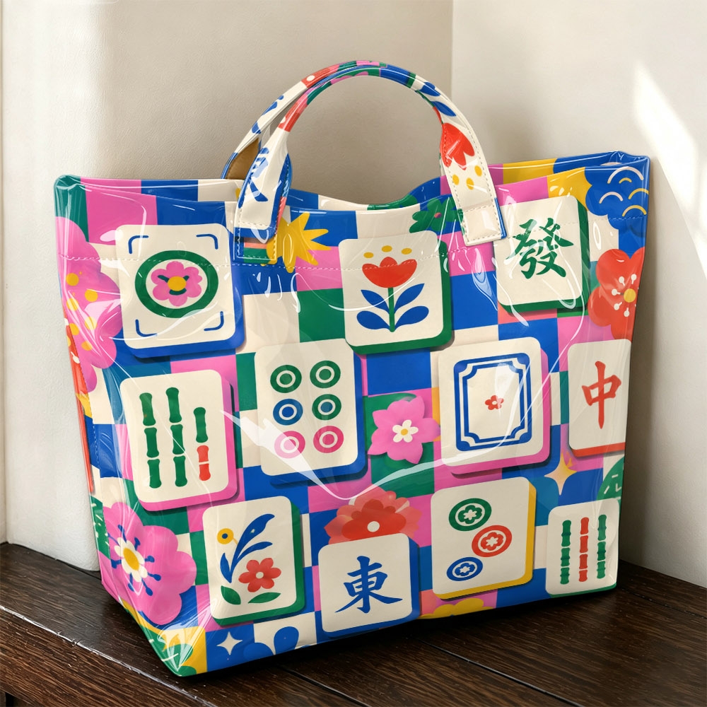 TEMU 1pc Mahjong Printed Tote Bag Bright Surface Large Capacity Commuter Handbag Outdoor Storage Women's Handbag Commuter Portable Reusable Travel