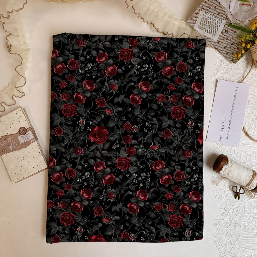 TEMU 1pc Black Background Red Rose Pattern Fabric, Available, Soft And Comfortable Fabric, Polyester Handmade Cloth, Used For Quilting, Pet Clothing,