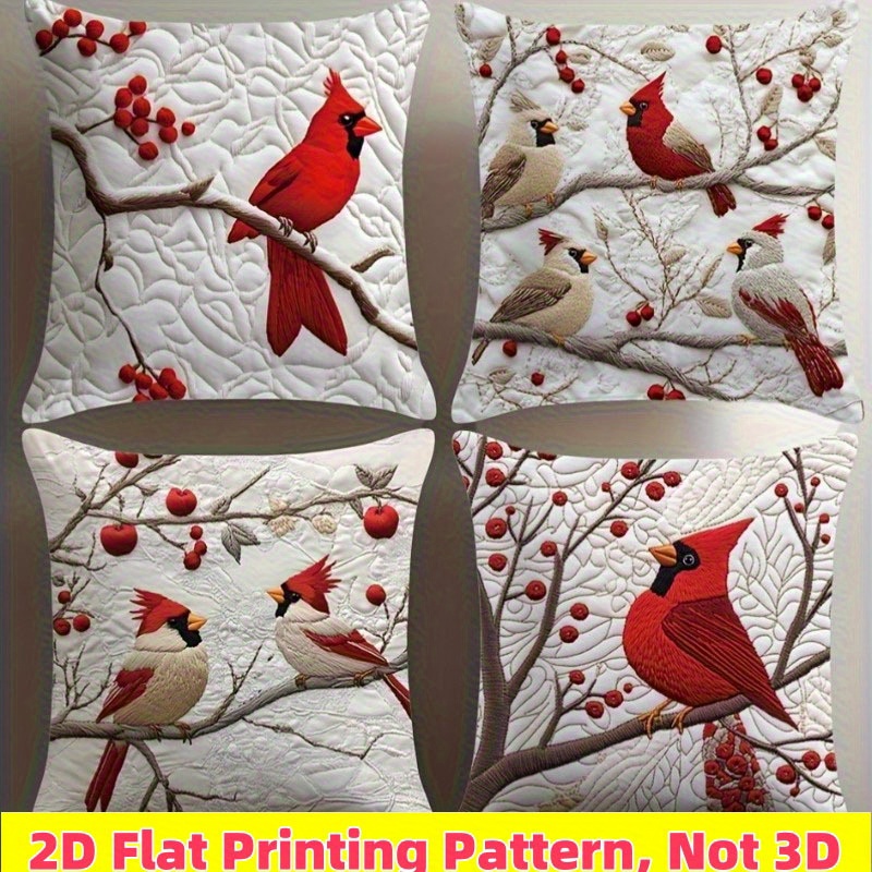 TEMU 2d Flat - Set Of 4 Decorative Pillow Covers Featuring Red Birds, Perfect For Christmas And Thanksgiving. Modern-style Covers Have A Zipper