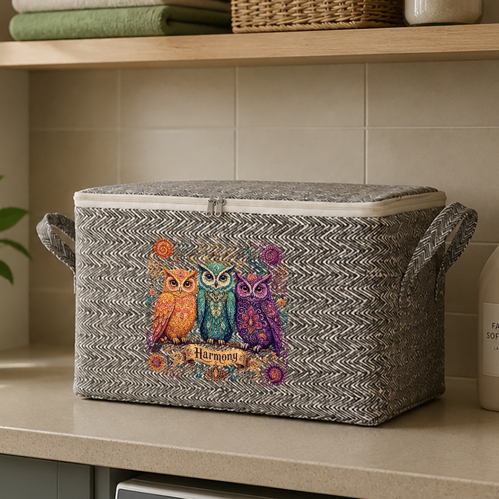 TEMU 3 Colorful Storage Box, Boho Vintage Owl Trio Organizer Bin With Zipper Lid, Decorative Collapsible Closet Storage For Bedroom, Gifts For Owl