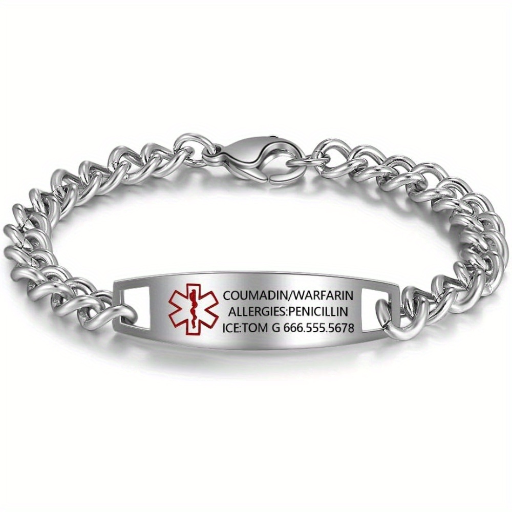 TEMU Bracelet For - Heavy-duty Titanium Steel Waterproof Emergency Id Wristband With Free Engraving, Allergy Alerts & Information - Ecg-compatible