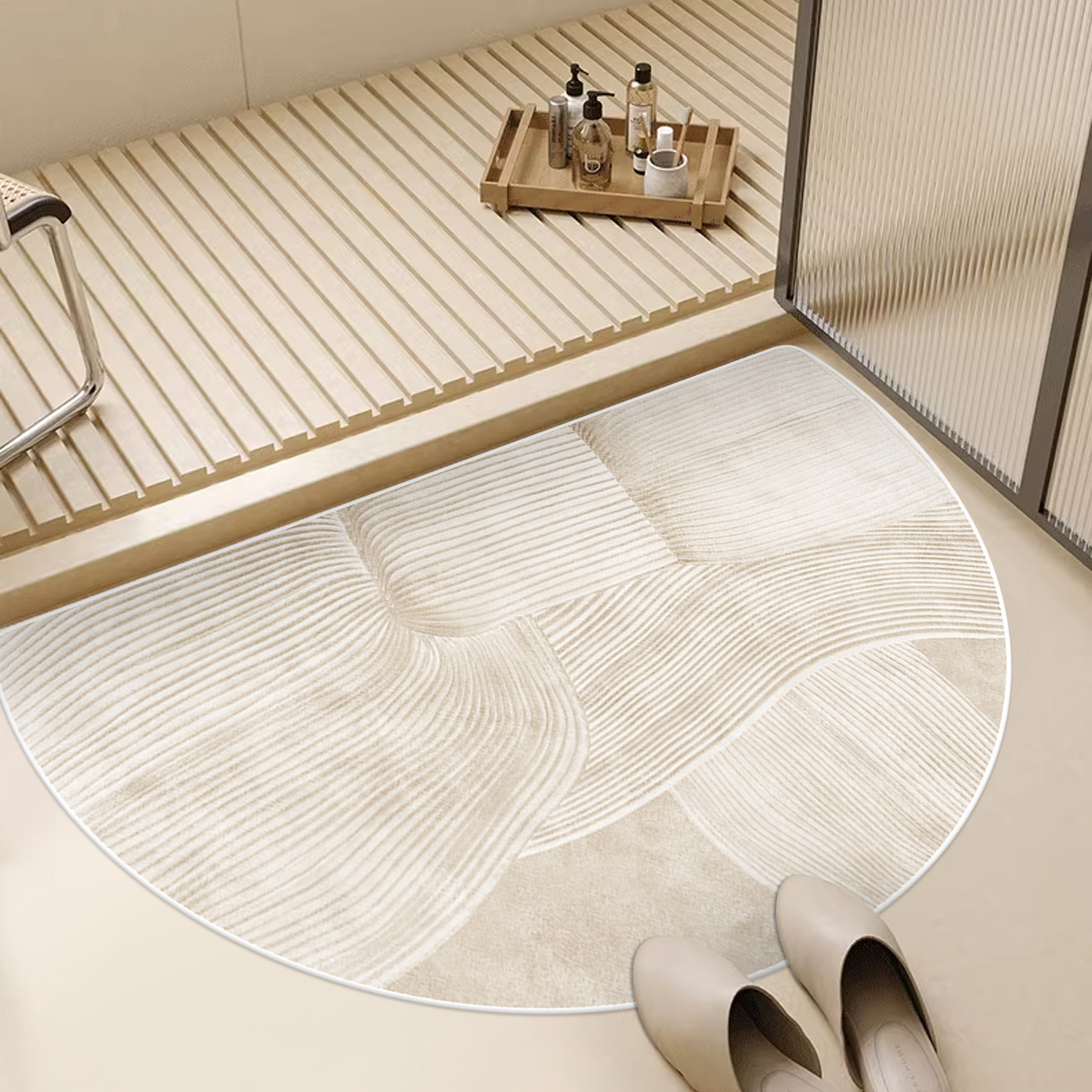 1  fleece washed base anti slip machine washable easy fold 1100gsm 4 3mm thick half circle doorway mat minimalist beige irregular line bathroom rug comfortable plush non slip   mat for home entrance decor Product details 3